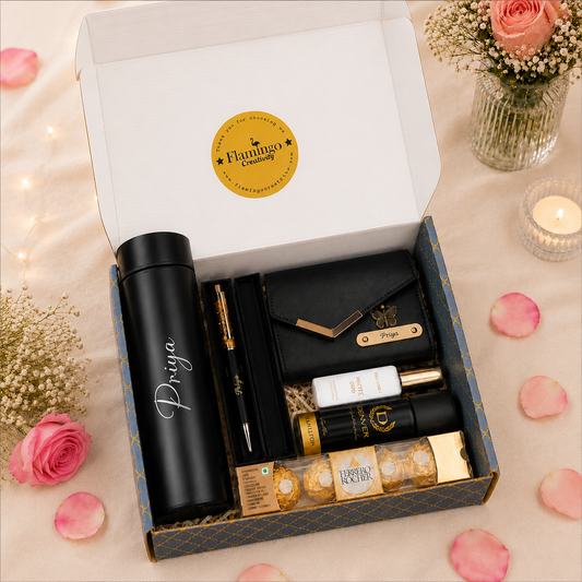 Flamingo Special Gifts Hamper with Temperature Bottle, Ladies 3-Fold Clutch, Ferrero Rocher Chocolate & More!