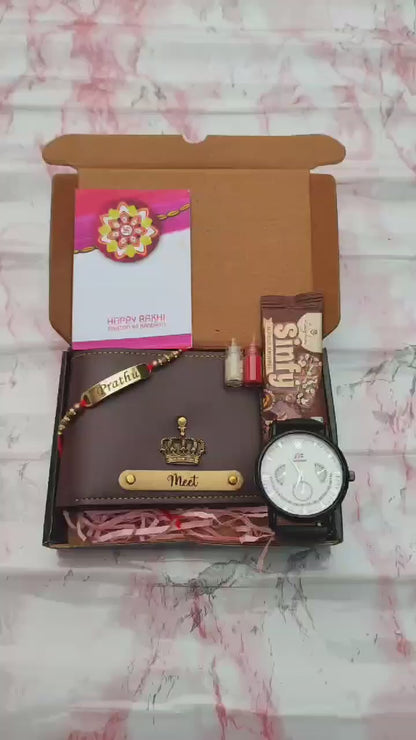 Celebrate Raksha Bandhan in Style: Personalized Wallet, Watch, Gold-Plated Name Rakhi, Premium Sinfy Chocolates, Roli Chawal, and Rakhi Card!