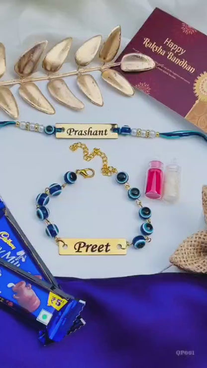 Flamingo Evil Eye Mini Combo – Bhai Bhabhi Rakhi Set with Custom Name
