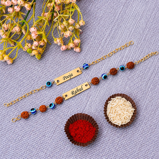 Flamingo Couple Evil Eye Rakhi Set With Rice Tika