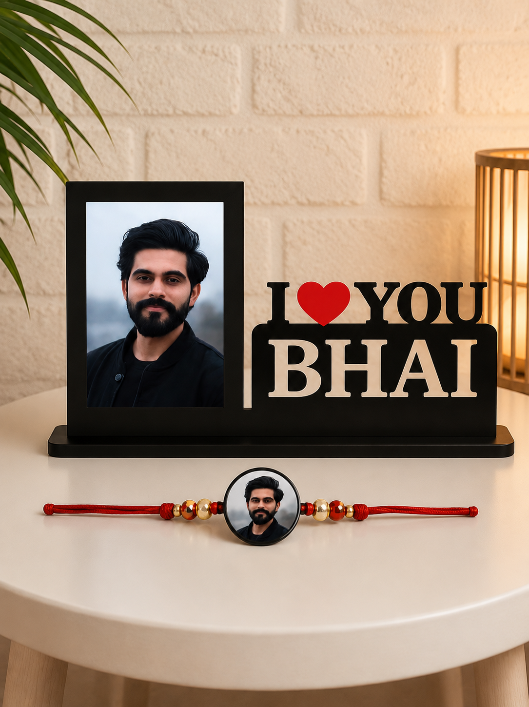 Flamingo Personalized Table Top with Rakhi Combo | Custom Gift for Brother